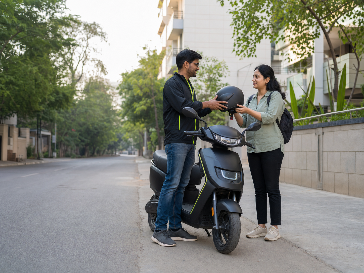 eWheelGo team member handing a helmet to an electric scooter customer